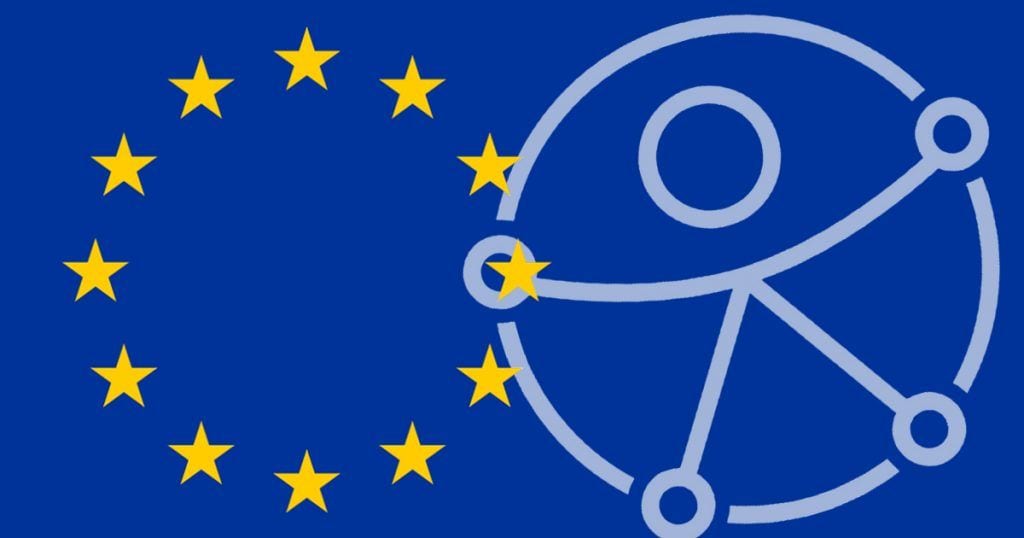 Logotipo con la bandera de europa y el símbolo internacional de discapacidad