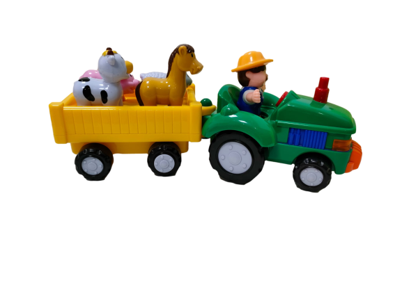 Tractor de juguete de color verde con remolque amarillo