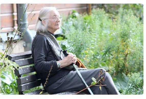 Señora mayor sentada en un banco rodeada de vegetación.