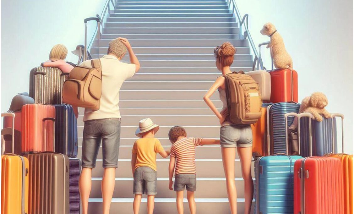 Familia con maletas delante de escaleras.